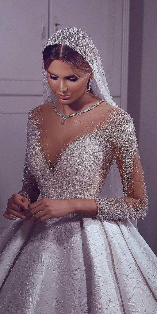 illusion long sleeve wedding dresses ball gown sweetheart neckline sequins sadekmajedofficial