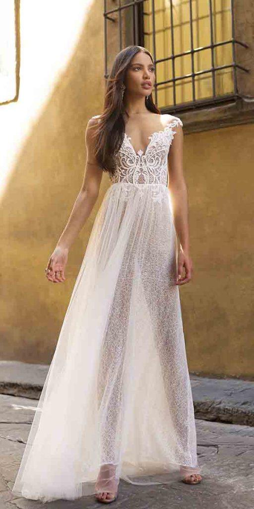 lace beach wedding dresses a line illusion neckline lace top flowy berta