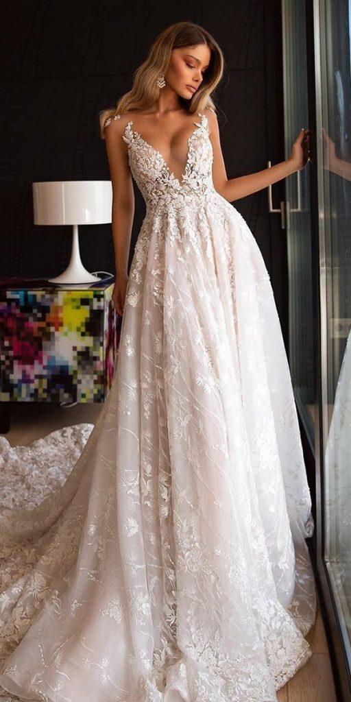 lace bridal gowns a line plunging neckline with train tinavalerdi