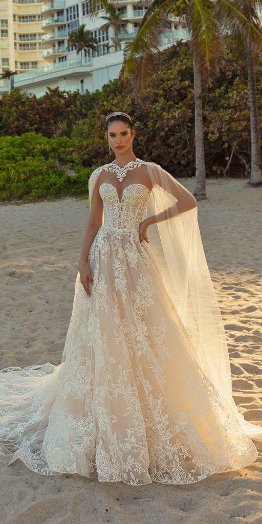 lace bridal gowns a line sweetheart neckline with cape crystal design
