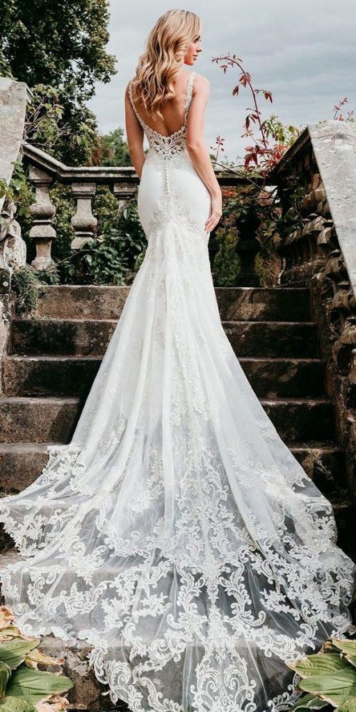 lace bridal gowns fit and flare with spaghetti straps train allurebridals
