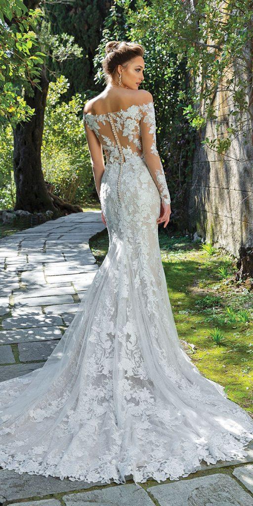 lace bridal gowns with illusion sleeves off the shoulder with train justin alexander