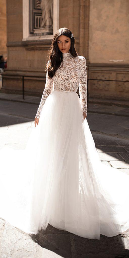 lace wedding dresses with sleeves a line with high neckline for fall milla nova