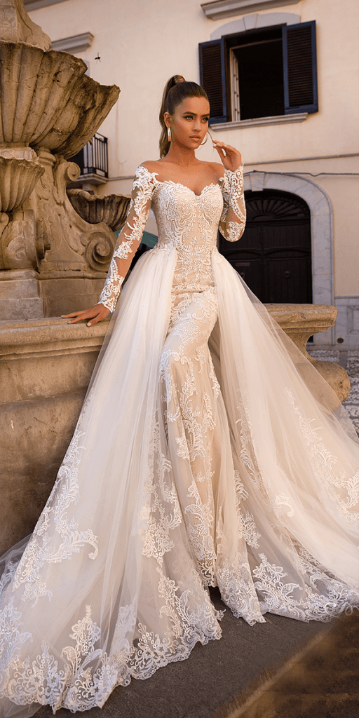 lace wedding dresses with sleeves sheath sweetheart neckline romantic with overskirt lussano