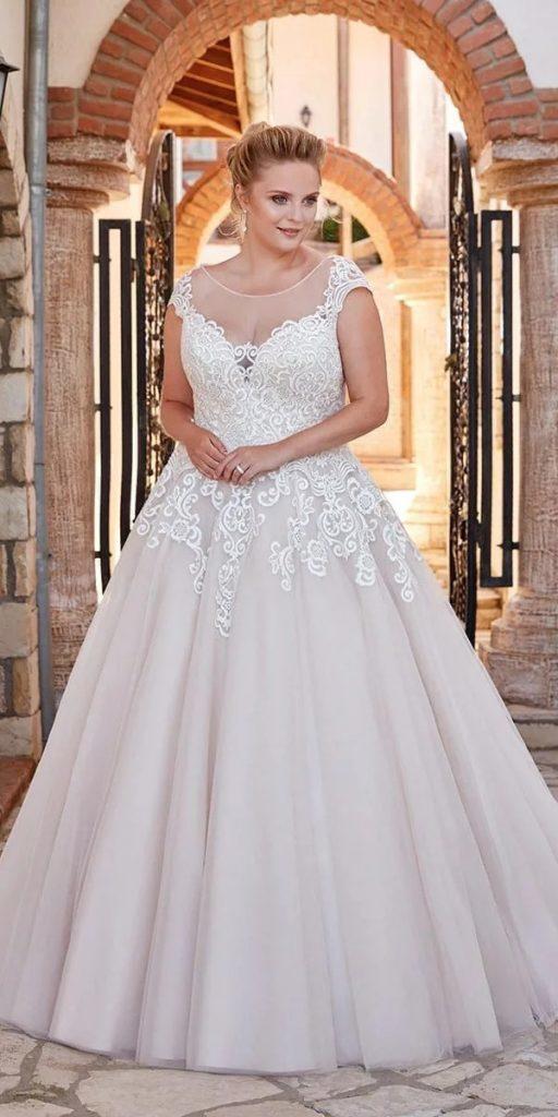 plus size ball gowns wedding dresses with cap sleeves illusion neckline lace blush eddyk