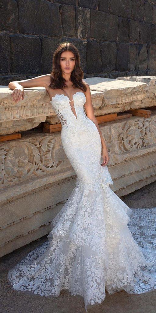 sweetheart mermaid wedding dresses strapless neckline ruffles skirt sexy pninatornai