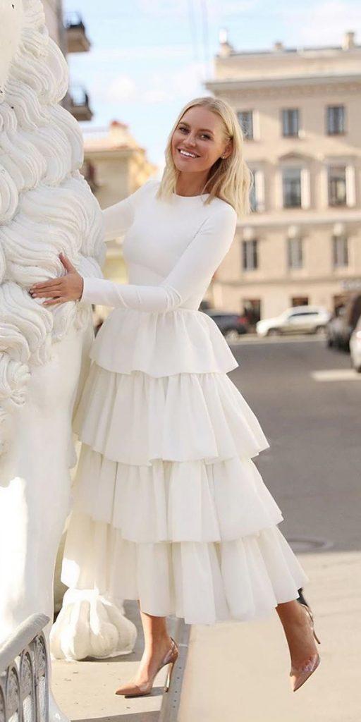 tea length wedding dresses simple with long sleeves ruffled skirt beloezoloto
