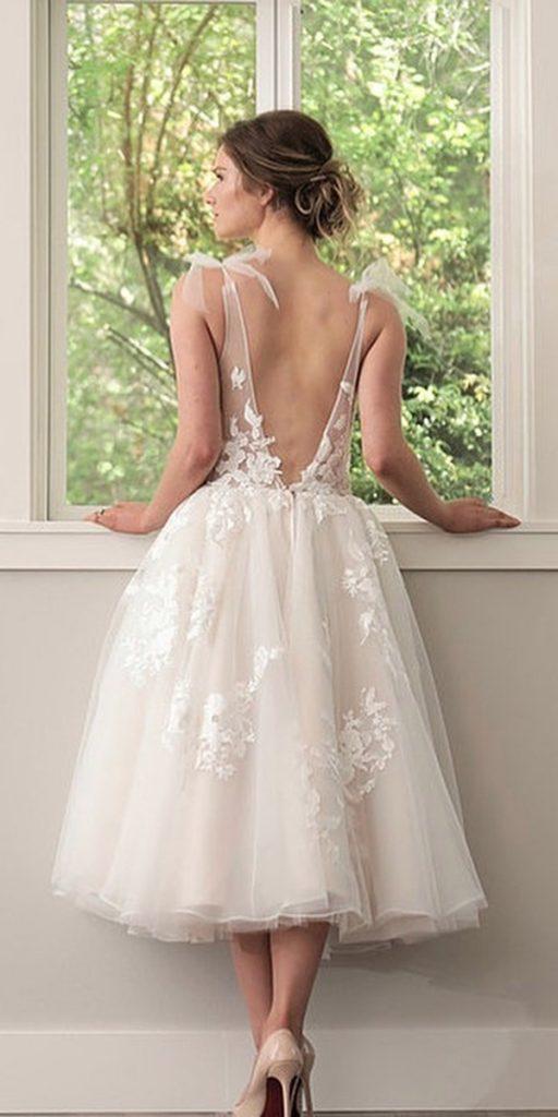 tea length wedding dresses v back lace french knot