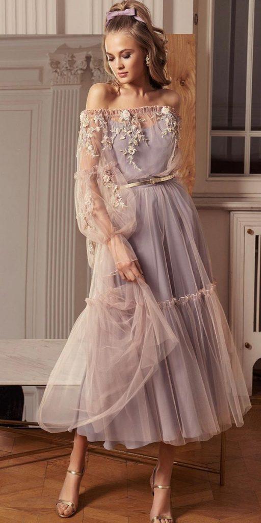 tea length wedding dresses with long sleeves off the shoulder floral papilio