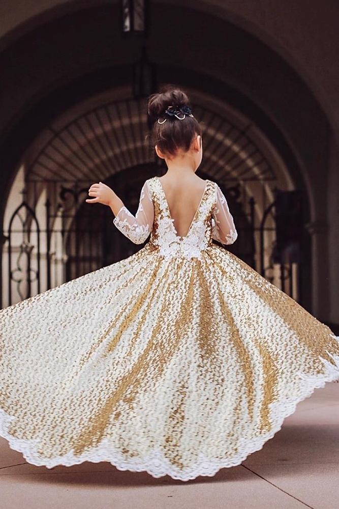 vintage flower girl dresses a line with sleeves v back gold sequins ittybittytoes