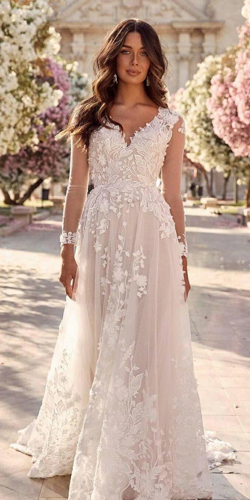 a line wedding dresses with illusion long sleeves floral country madilane