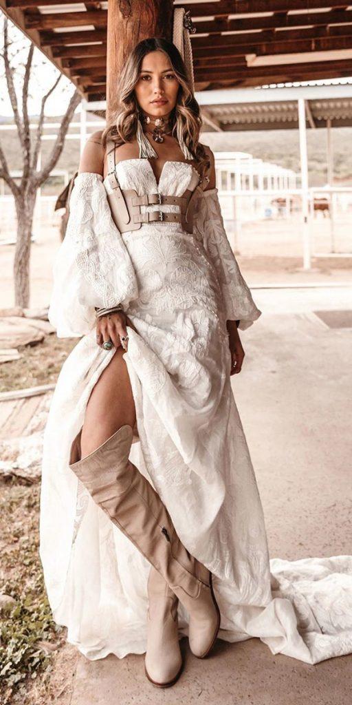 barnyard wedding dresses a line off the shoulder with boots ruedeseinebridal