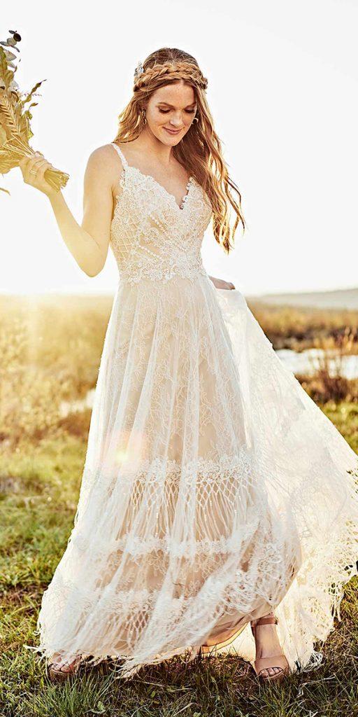 bohemian wedding dresses a line with spaghetti straps lace all who wander