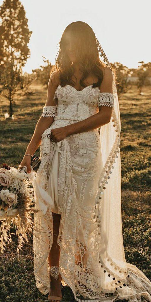 bohemian wedding dresses sheath sweetheart neckline off the shoulder ruedeseinebridal