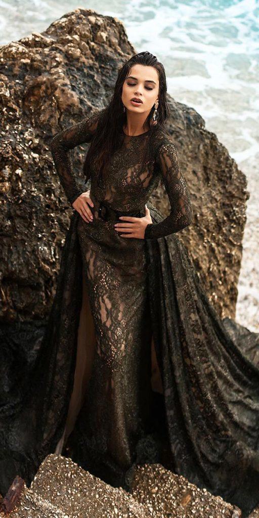 gothic wedding dresses with long sleeves overskirt full lace tarikedizofficial