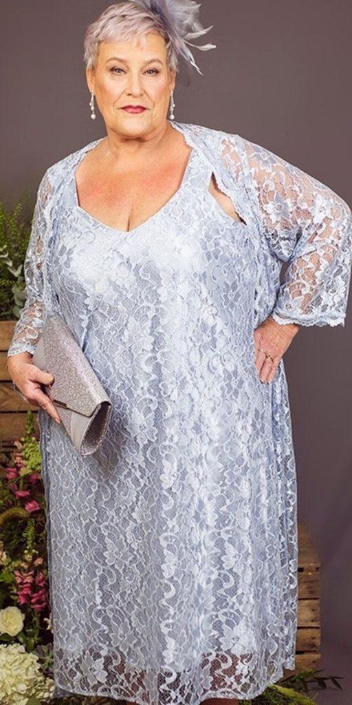 plus size mother of the bride dresses knee length blue with cape full lace v curvychicbridal