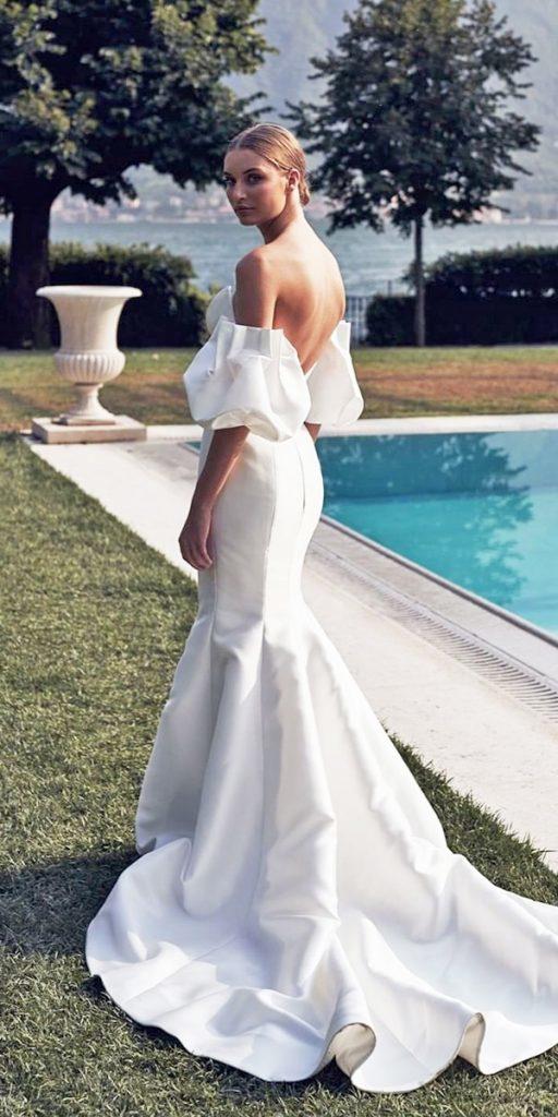 satin mermaid wedding dresses simple with puff sleeves open back marianahardwick