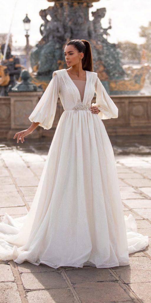 simple wedding dresses with sleeves a line deep v neckline 2020 milla nova