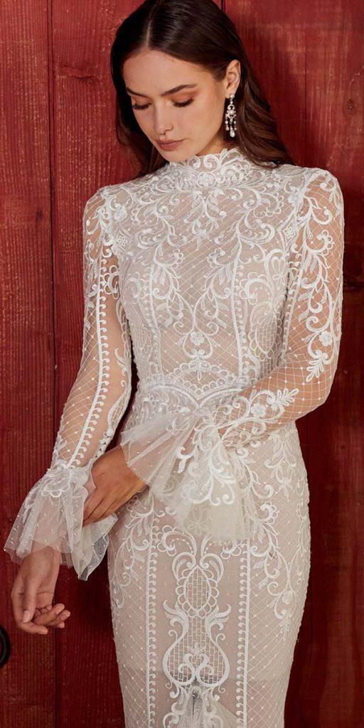vintage wedding dresses with sleeves sheath high neck lace leahdagloria