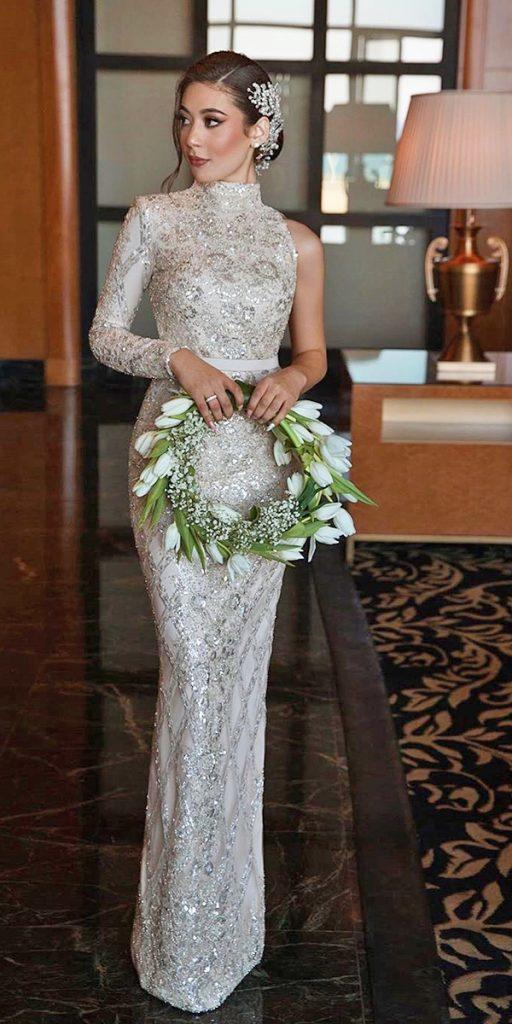 vintage wedding dresses with sleeves sheath high neck one shoulder saidmhamadofficial