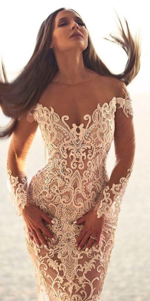 wedding dresses with lace sleeves mermaid lace with illusion lace nektaria