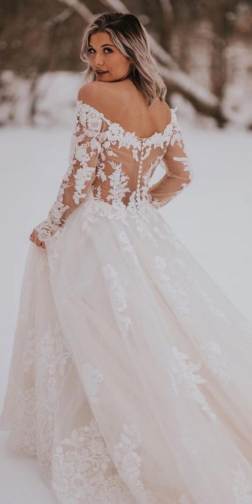winter wedding dresses a line off the shoulder long sleeves lace morilee