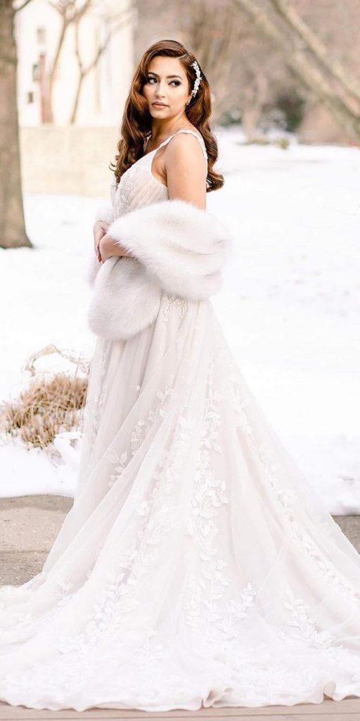 winter wedding dresses a line with fur morilee