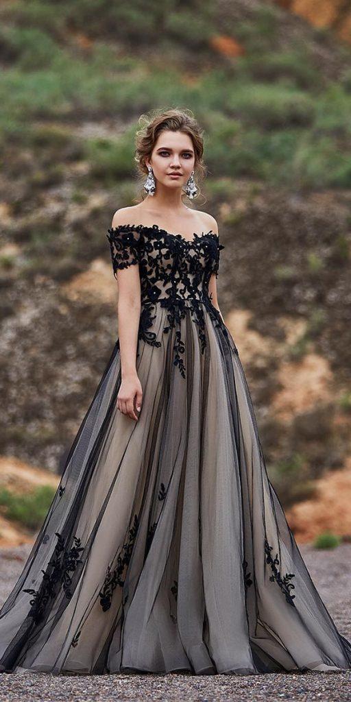 black wedding dresses a line off the shoulder lace balladhallphotography