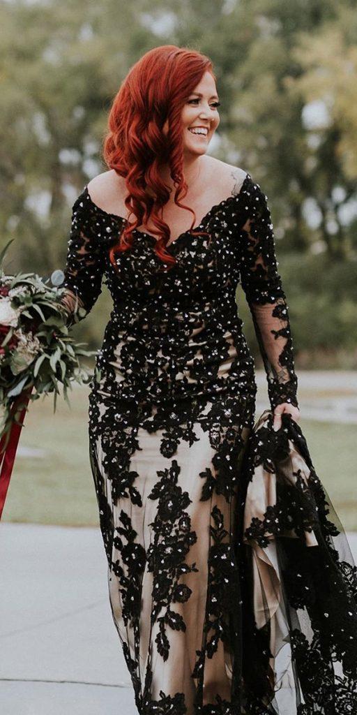 black wedding dresses sheath with long sleeves lace with white cocomelody