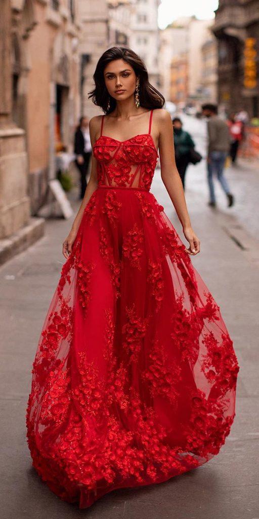  blood red wedding dresses a line with spaghetti straps floral appliques alamourthelabel