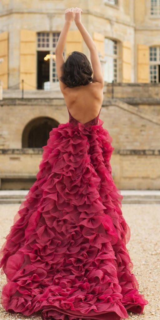 blood red wedding dresses ball gown backless ruffled skirt simple sophiecouture