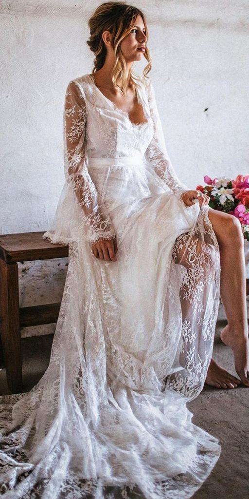 boho wedding dresses with sleeves a line with long sleeves lace floraandlane