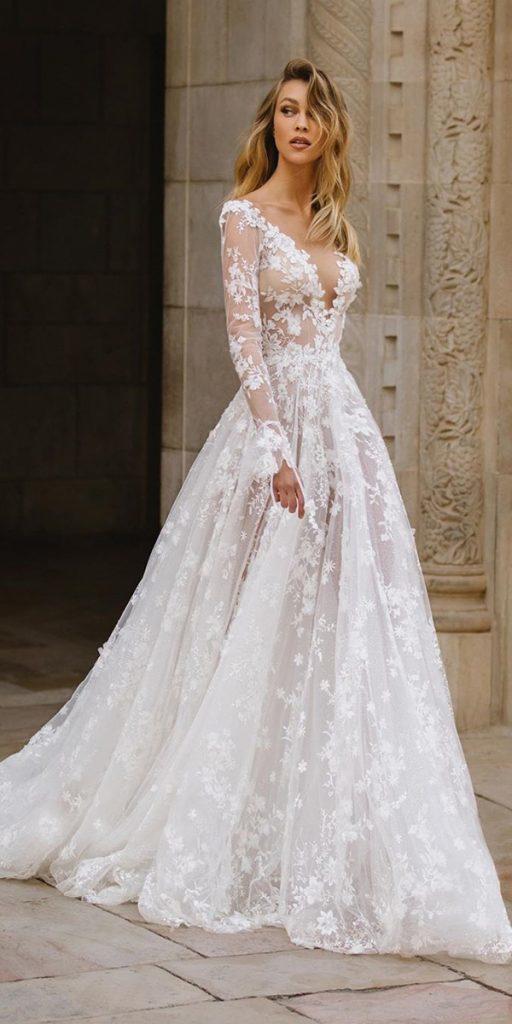 bridal gowns with sleeves a line with lae plunging neckline galialahav