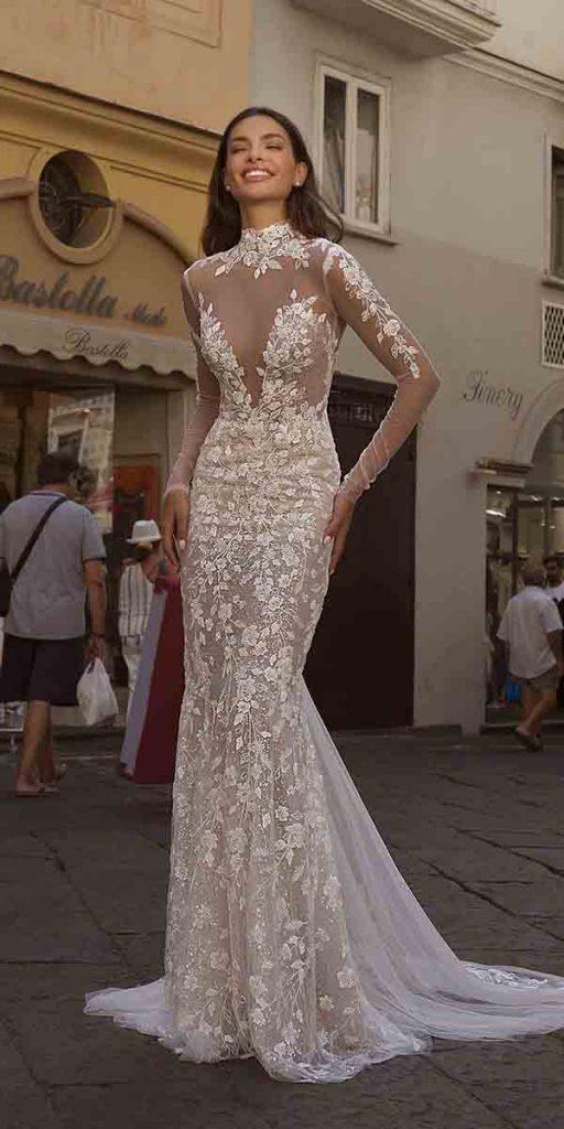 bridal gowns with sleeves mermaid with illusion long sleeves high neck berta