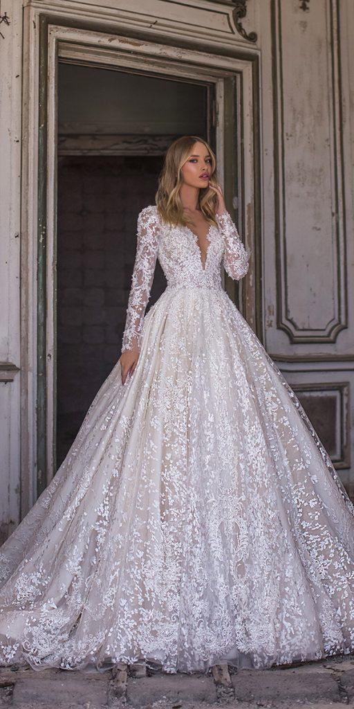 lace ball gown wedding dresses with long sleeves plunging neckline wona