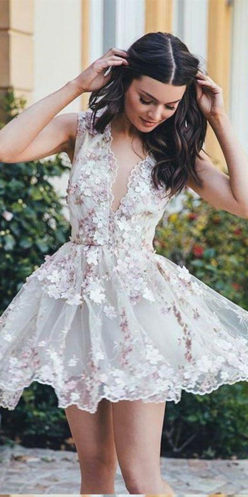 lace short wedding dresses deep v neckline floral appliques sexy beach rara avis