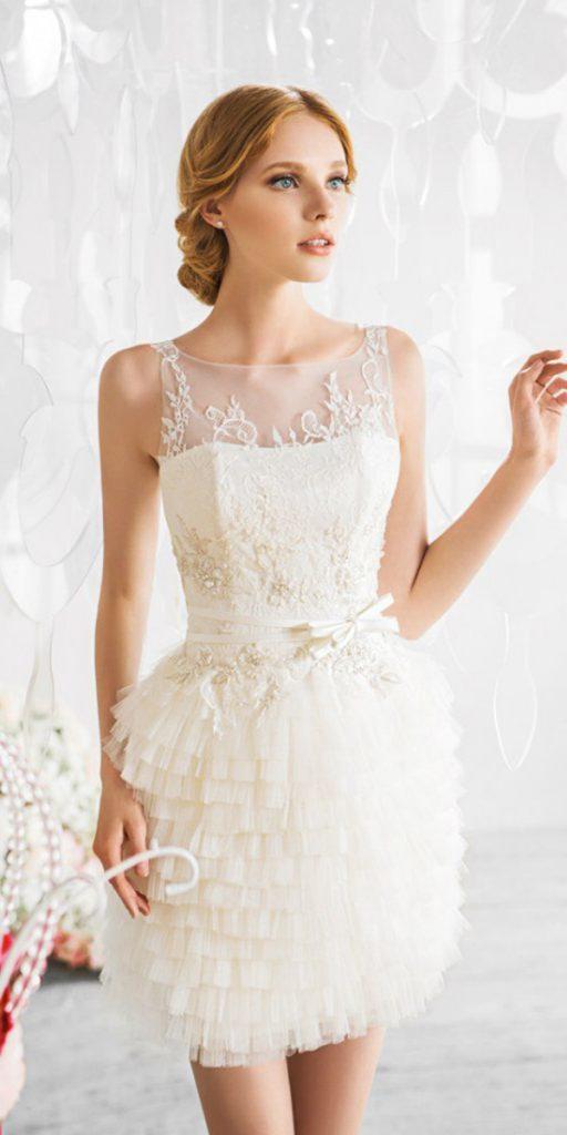 lace short wedding dresses illusion neckline ruffled skirt with bow ailsa bridal