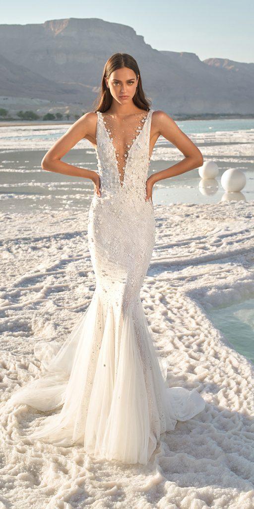 mermaid wedding dresses deep v neckline illusion sleveless beach lee grebenau