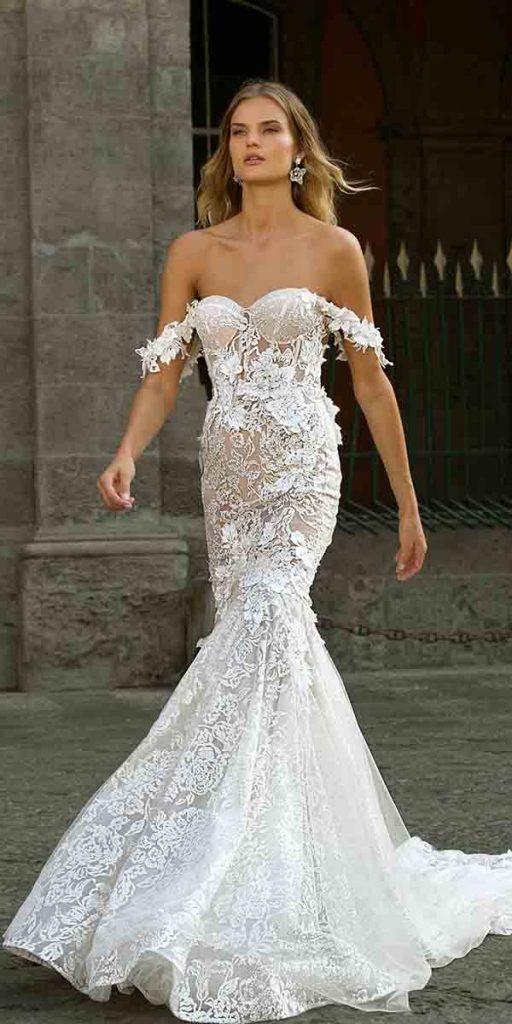 mermaid wedding dresses off the shoulder sweetheart strapless neckline floral appliques berta