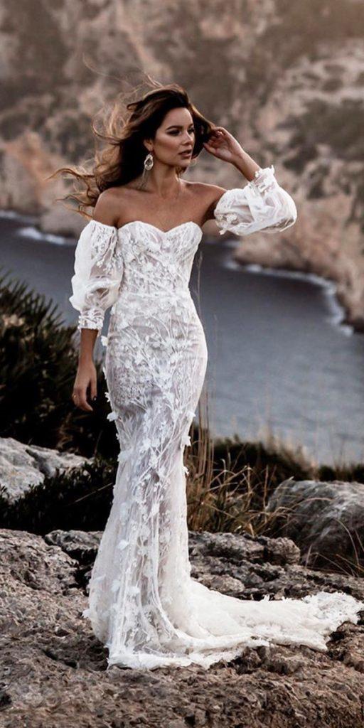mermaid wedding dresses strapless sweeetheart neckline with puff sleeves floral galialahav