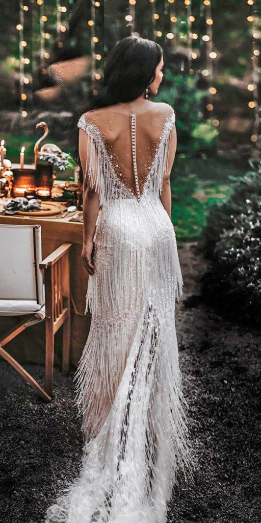  romantic bridal gowns sheath bohemian illusion back with fringe tali