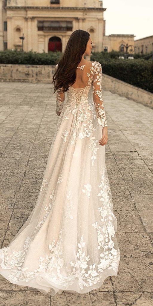 top wedding dresses a line with illusion long sleeves lace train lussanobridal