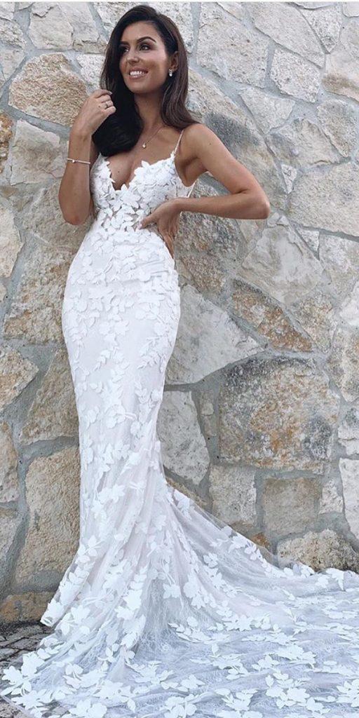 trumpet wedding dresses with spaghetti straps floral with train enzoani