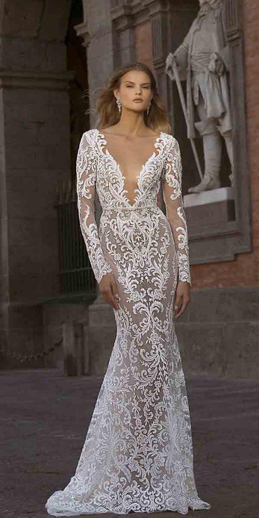 unique lace wedding dresses sheath with sleeves deep v neckline sexy nude berta