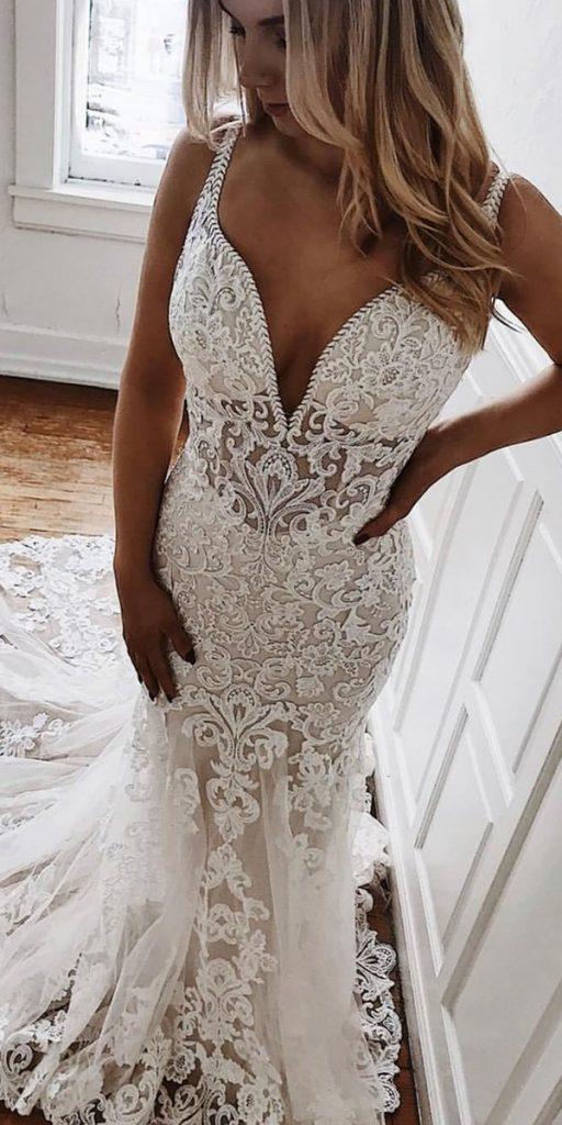 unique lace wedding dresses with spaghetti straps sweetheart neckline train allure