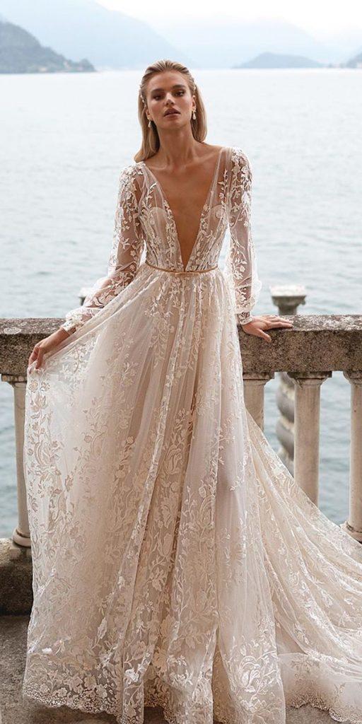 wedding dresses with lace sleeves a line sexy deep v neckline floral julie vino