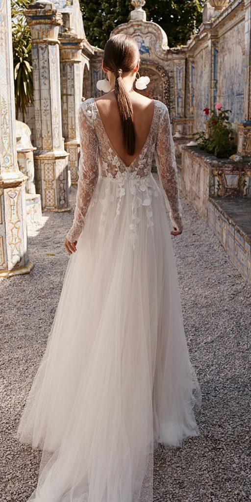 wedding dresses with lace sleeves a line v back train anna kara