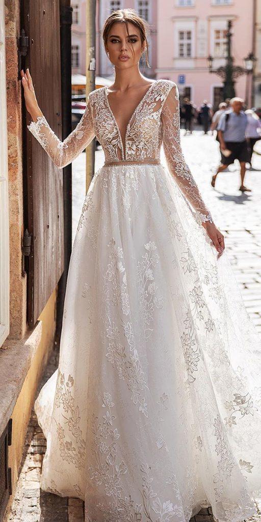 wedding dresses with lace sleeves illusion a line plunging neckline katycorso
