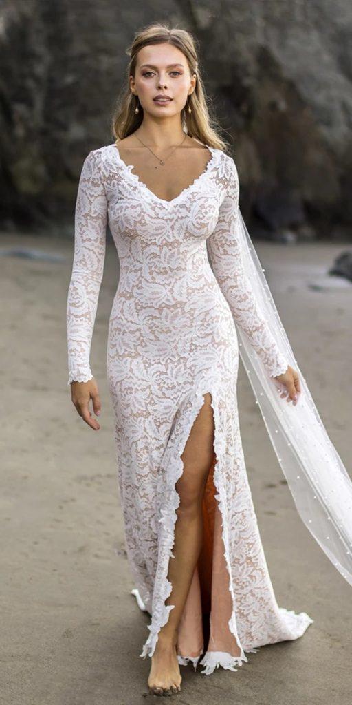 wedding dresses with lace sleeves sheath v neckline with slit rustic wear you love