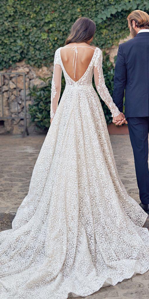 a line wedding dresses with long sleeves v back floral appliques train wona